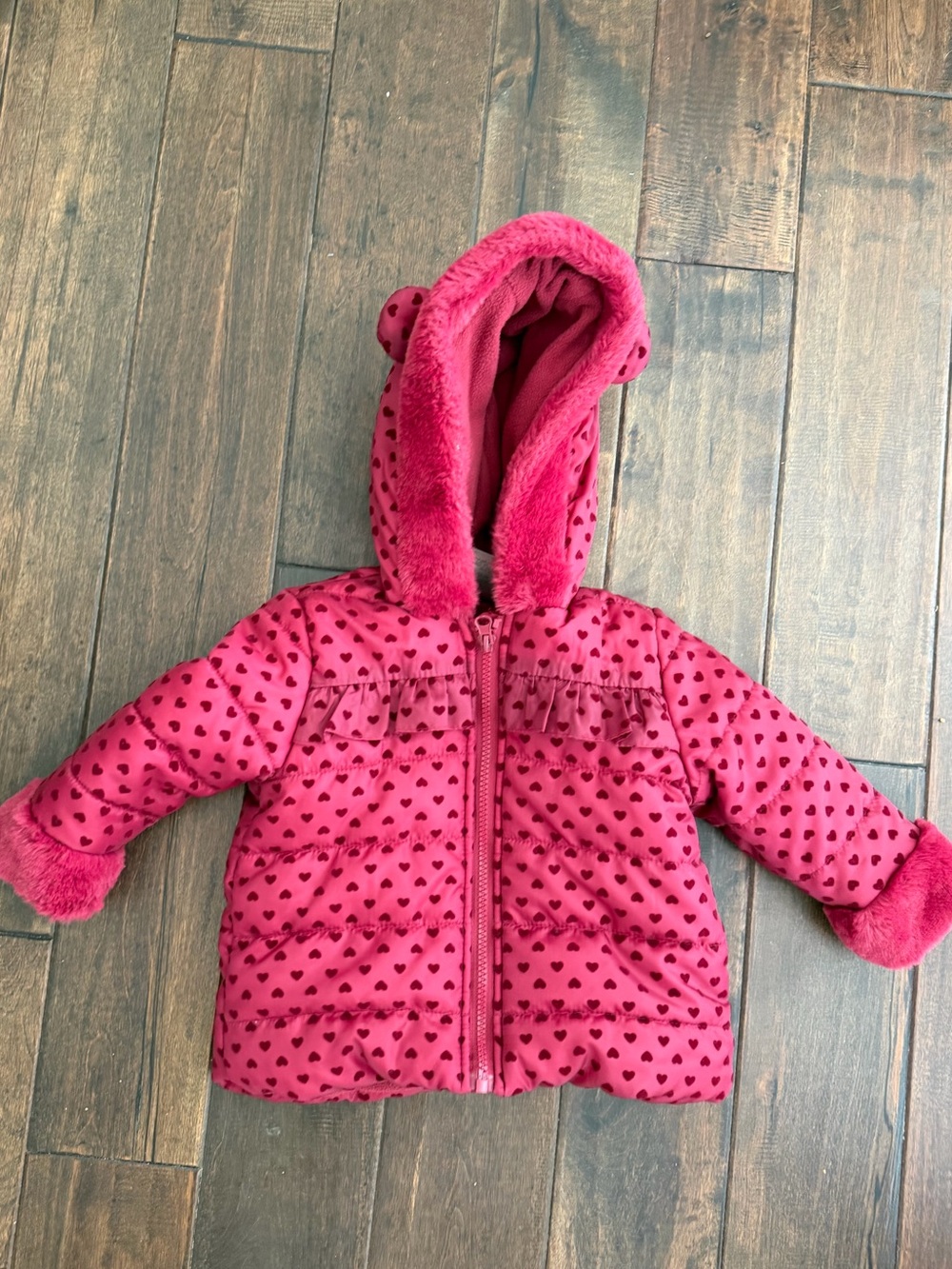 First Impressions Hot Pink Heart-Print Puffer Coat with Faux-Fur Hood